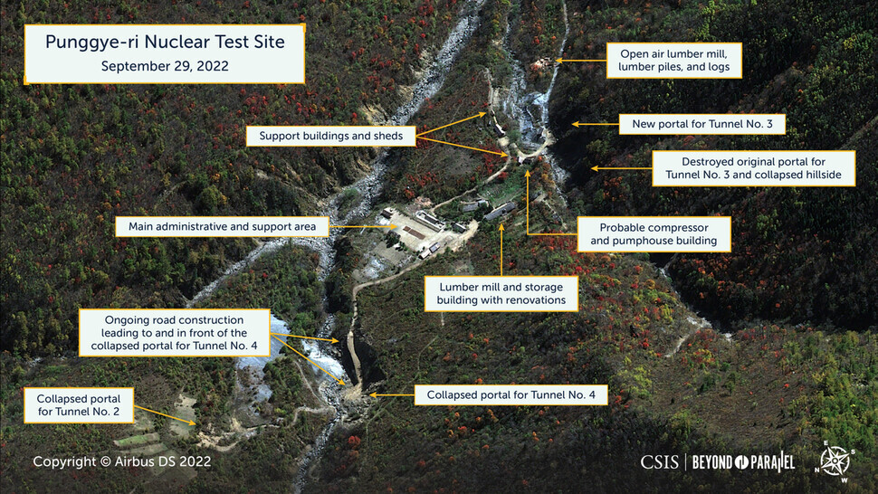 This satellite photograph of the Punggye-ri Nuclear Test Facility in North Korea’s North Hamgyong Province was shared Monday by Beyond Parallel, a US-based news outlet specializing in North Korea issues. The outlet concluded that new activity was taking place at Tunnel No. 4, which is visible at the lower left. (Beyond Parallel website screenshot)