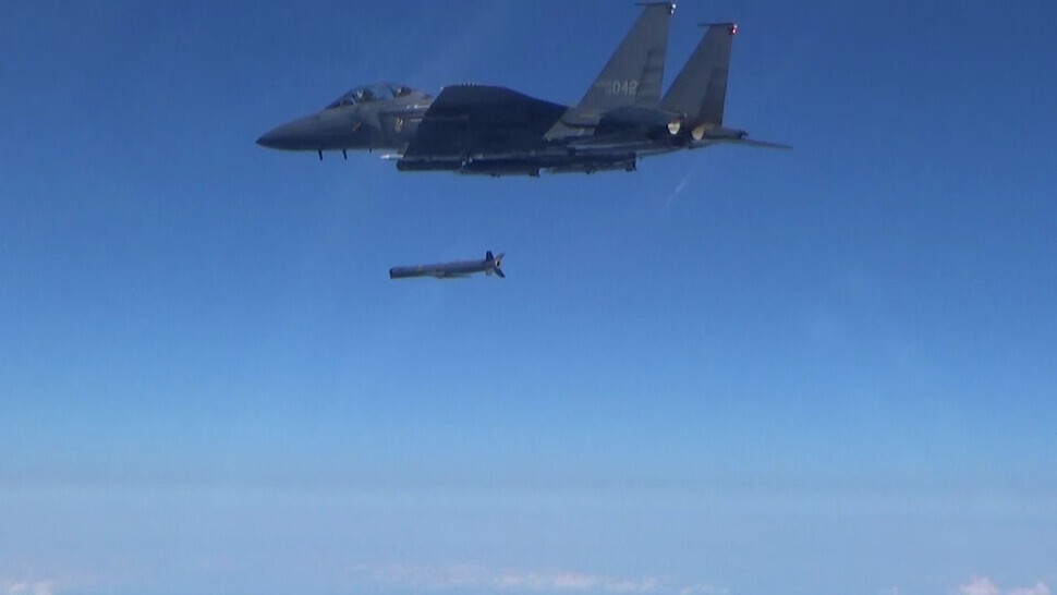 A South Korean F-15K drops a SLAM-ER precision air-to-ground missile north of the NLL on the morning Nov. 2. (courtesy of Joint Chiefs of Staff)