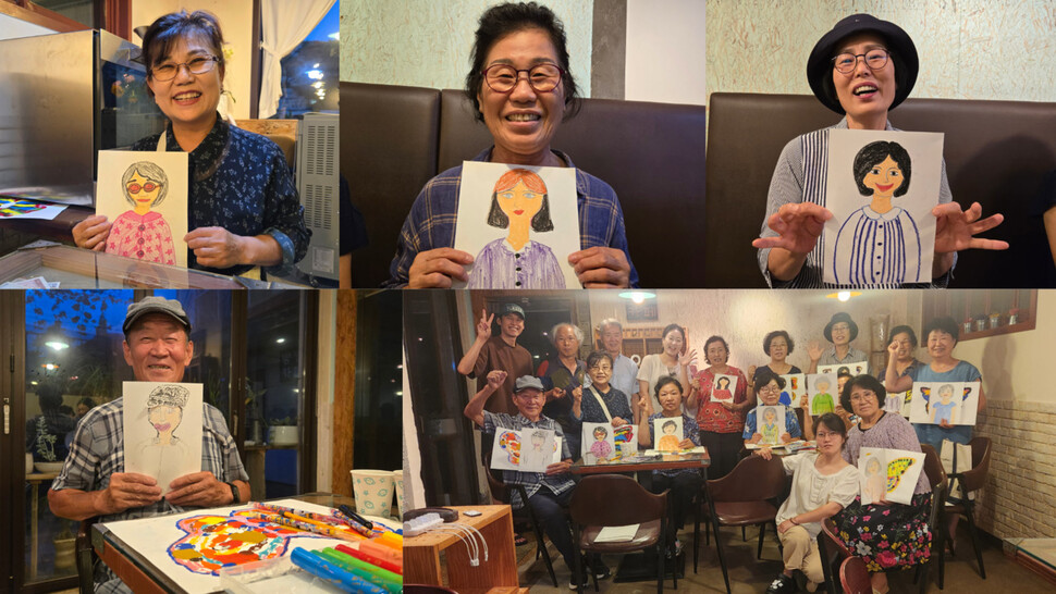 매향사모는 ‘시와 그림이 있는 매향 마을’ 프로젝트에 돌입했다. 주민들이 함께 시, 그림, 사진을 배우고, 25점의 작품을 선정해 아크릴 액자로 제작해 마을에 상시 전시할 계획이다. 사진은 자화상을 그리고 기념촬영하는 모습. 매향사모 제공