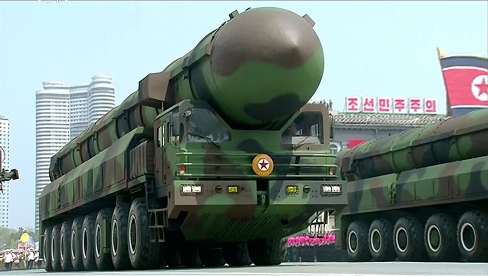 North korean missiles are displayed during a parade at Kim Il Sung Square in Pyongyang