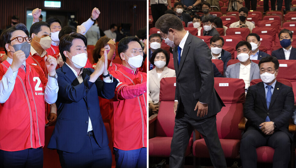People Power Party leadership (left) celebrates after exit polls for the June 1 local elections are announced, while Lee Jae-myung of the Democratic Party (right) stands to leave upon the announcement at Democrats’ election coverage headquarters. (Yonhap News)