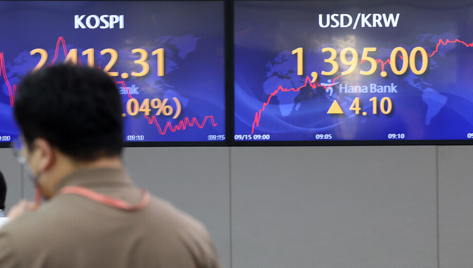 Monitors at Hana Bank’s dealing room in downtown Seoul display the figures for the KOSPI and won-dollar exchange rate on the morning of Sept. 15. (Yonhap)