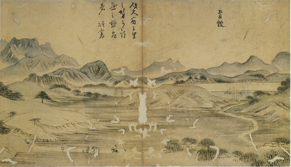 조선 후기 화가 진재 김윤겸(1711~1775)이 그린 &lt;청파&gt;(왼쪽)는 현재 서울 용산 미군기지인 옛 둔지미 일대를 북쪽에서 바라본 모습을 보여준다. 국립중앙박물관 소장