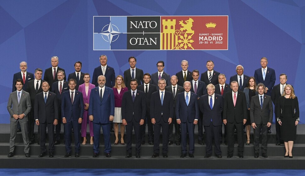 Leaders of NATO member nations stand for a photo in Madrid, Spain, on June 29. (AP/Yonhap News)