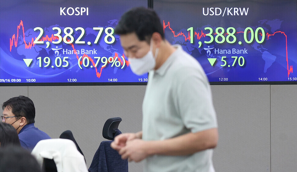 Monitors at Hana Bank’s dealing room in downtown Seoul display the KOSPI and exchange rate figures on the afternoon of Sept. 16. (Yonhap)