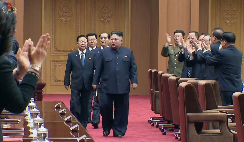 North Korean leader Kim Jong-un ahead of the second day of the first session of North Korea‘s 14th Supreme People‘s Assembly in Pyongyang on Apr. 12. (Yonhap News)