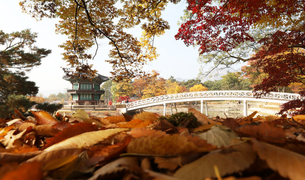 Hyangwonjeong Pavilion can be seen through colorful fall leaves. (Kim Hye-yun/The Hankyoreh)