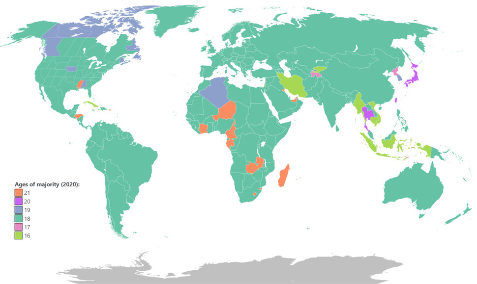 전세계 각국의 성인 기준 나이. 자료: 위키피디아