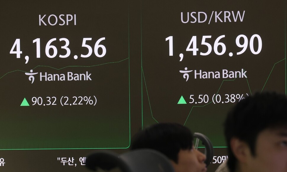11일 오전 서울 중구 하나은행 본점 딜링룸 전광판에 실시간 코스피가 표시돼 있다. 연합뉴스
