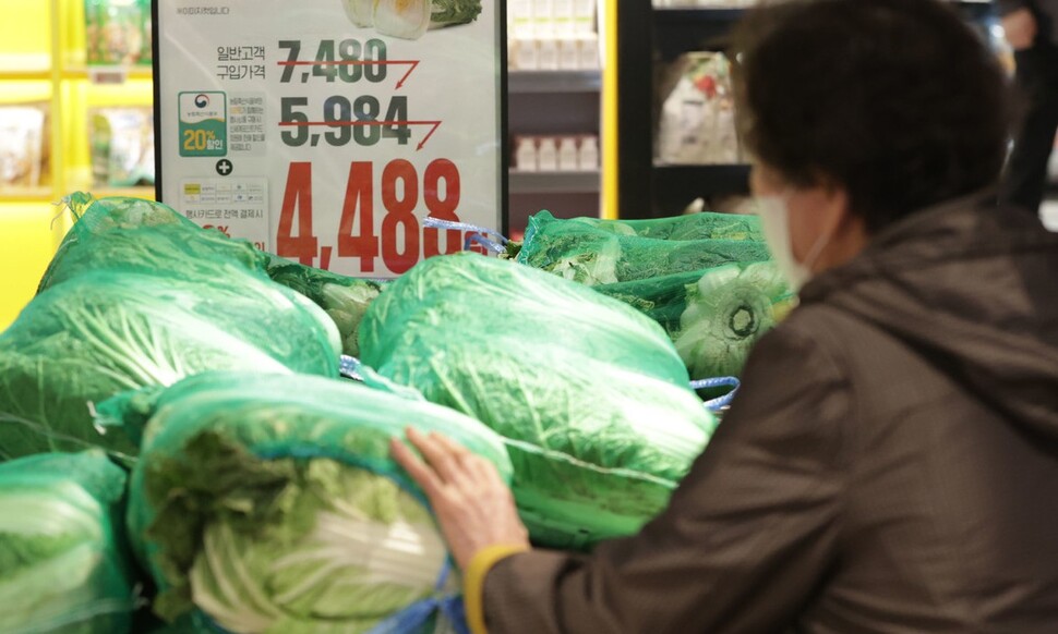 15일 오전 서울 이마트 용산점에서 시민이 배추를 고르고 있다. 연합뉴스