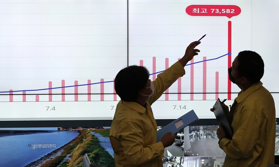 Staff at the emergency response situation room in Seoul’s Songpa District Office point at a bar graph of domestic COVID-19 cases on July 19. (Yonhap News)