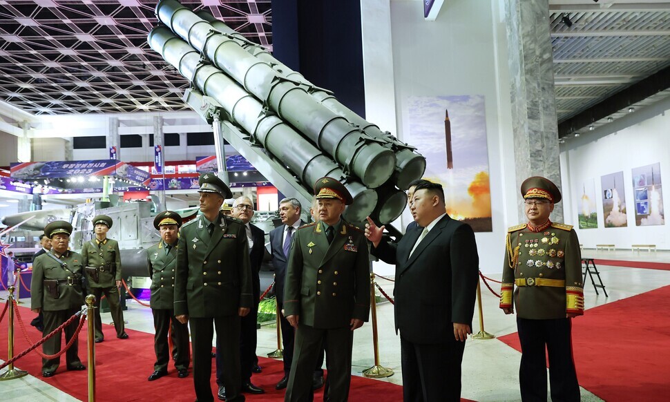 The North Korean state-run Korea Central News Agency reported on July 27 that leader Kim Jong-un had toured a weapons expo with a Russian delegation on July 29. (KCNA/Yonhap)