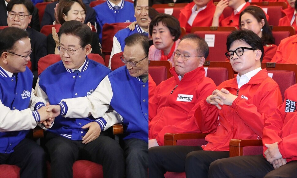 (Left) Lee Jae-myung and other members of the Democratic Party’s leadership celebrate exit poll figures announced by Korea’s main three terrestrial broadcasters on April 10, the day of the general election. (Right) Han Dong-hoon and fellow leaders of the ruling People Power Party watch exit polls come in. (Yonhap)