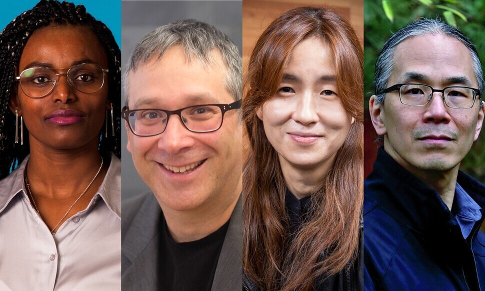 Speakers at the third Hankyoreh Human and Digital Forum. From left to right: Abeba Birhane, Gary Marcus, Choi Yejin and Ted Chiang. 