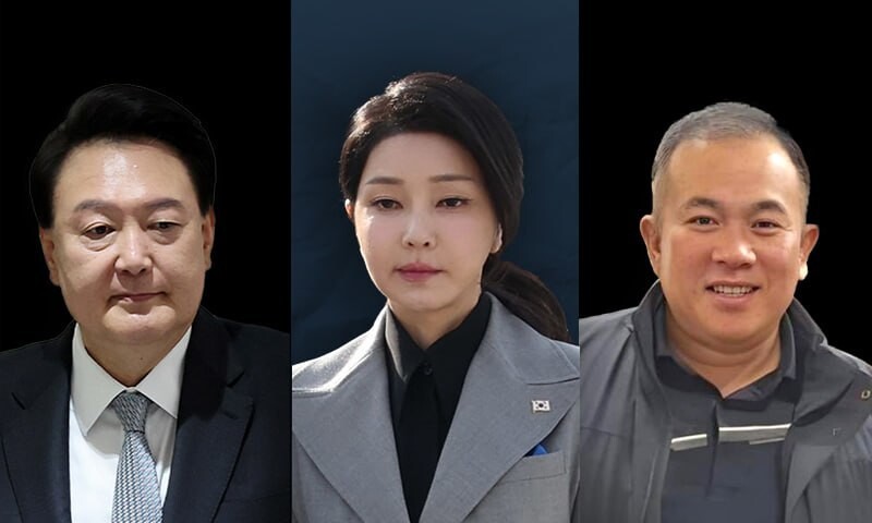 윤석열 대통령 부부와 명태균씨. 한겨레 자료사진