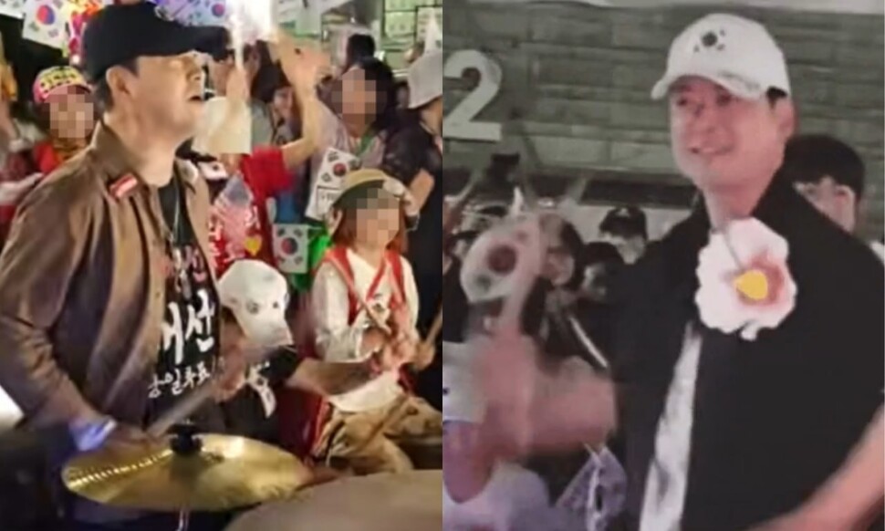 최근 서울 송파구 올림픽공원 핸드볼경기장 앞 ‘개표소 봉쇄 시위’ 현장에서 북을 치는 장동혁 국민의힘 대표. 유튜브 채널 ‘만사혁통: 공구리 1호’, 온라인 커뮤니티 갈무리.