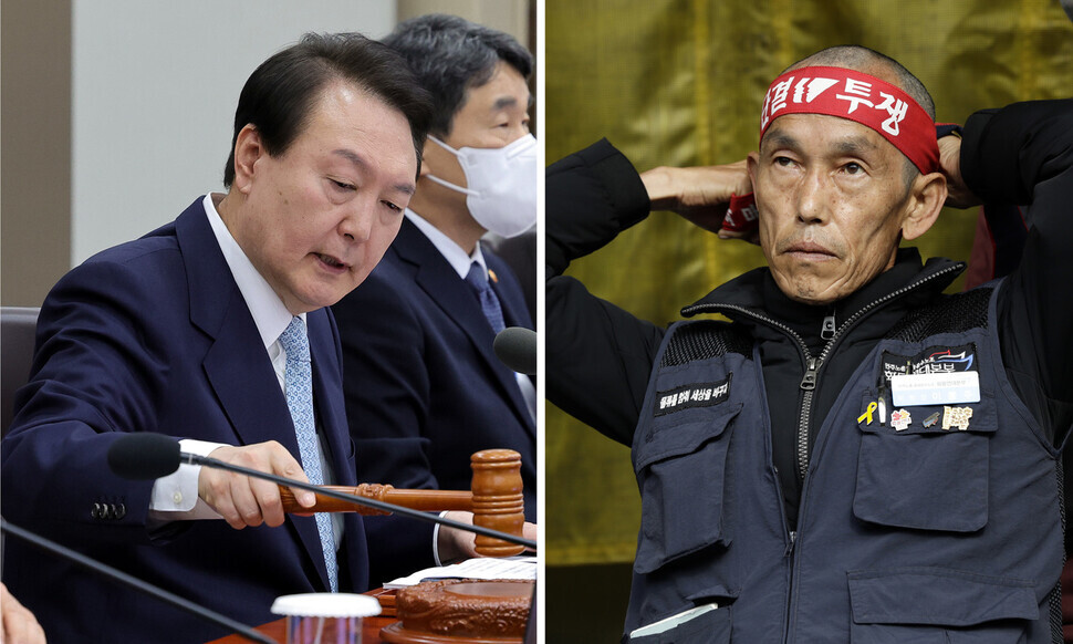 (Left) President Yoon Suk-yeol gavels to initiate a Cabinet meeting on Nov. 29 in order to pass a work commencement order that would force striking truckers back to work (courtesy of presidential office). (Right) Lee Bong-ju, president of TruckSol, tightens a union headband after shaving his head in protest of Yoon’s order on Nov. 29. (Kim Myoung-jin/The Hankyoreh)