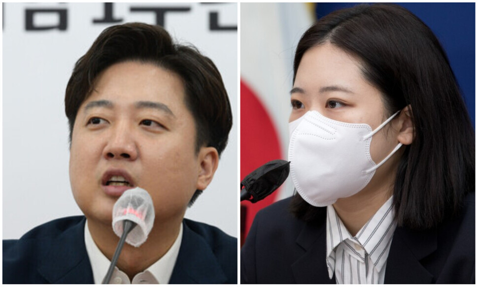 Lee Jun-seok (left), the former leader of the People Power Party, speaks at a press briefing on his first year as party leader on June 12, 2022. Park Ji-hyun (right), the interim co-chair of the Democratic Party, speaks at a meeting of the party’s interim leadership on April 8 at the National Assembly. (pool photos)