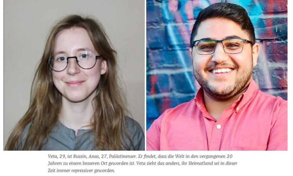 Veta (left), a 29-year-old from Russia, and Anas, a 27-year-old from Palestine, were two of the participants in “The World Talks” project on June 25. (courtesy of Die Zeit)