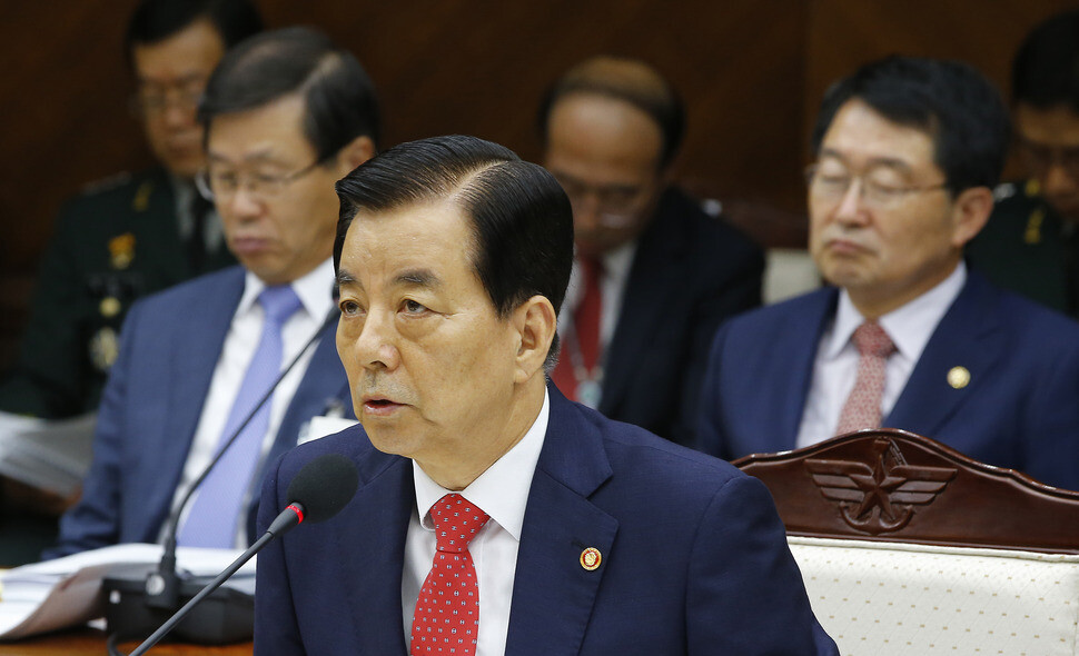 Minister of National Defense Han Min-koo speaks at an audit of the ministry by the National Assembly Legislation and Judiciary Committee