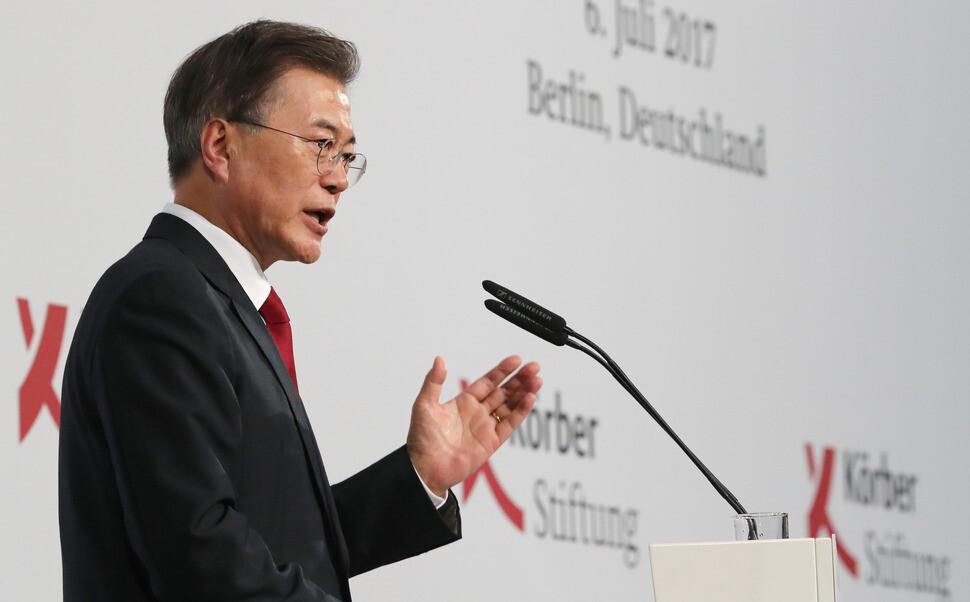 President Moon Jae-in gives a speech on the Korean peninsula at old city hall in Berlin