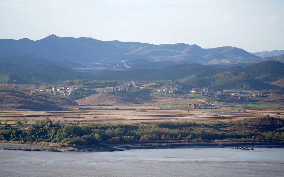 A view of the North Korean village in Kaepung County, North Hwanghae Province from Mt. Odu Unification Observatory