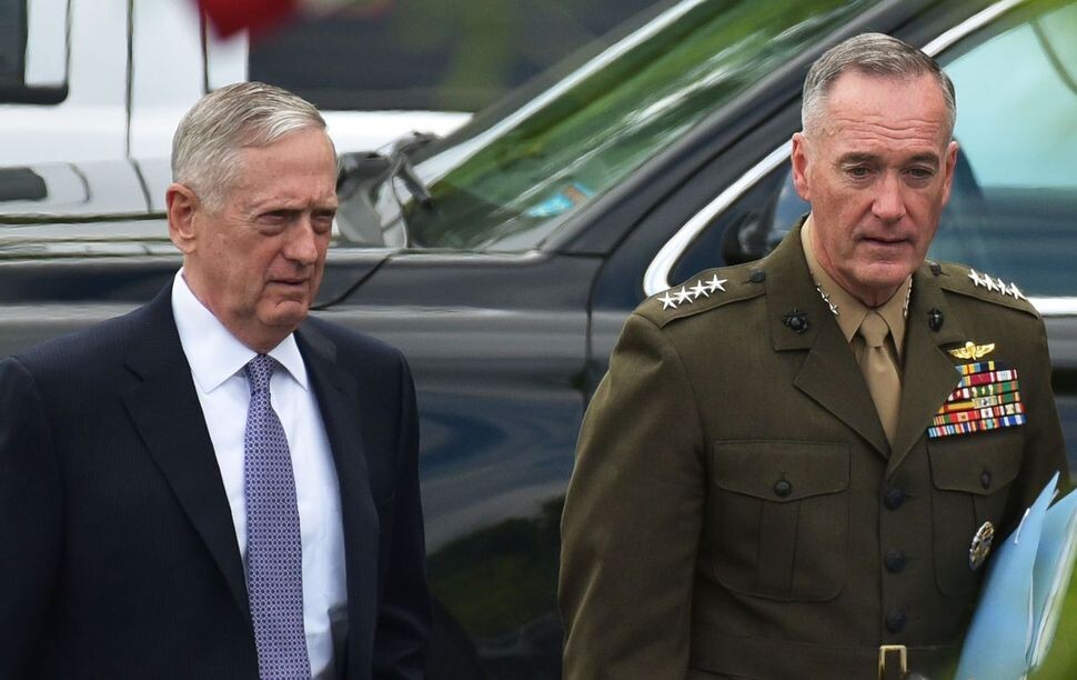 US Secretary of Defense James Mattis (left) and Joint Chiefs of Staff Chairman Joseph Dunford leave after a closed-door briefing on new North Korea policy
