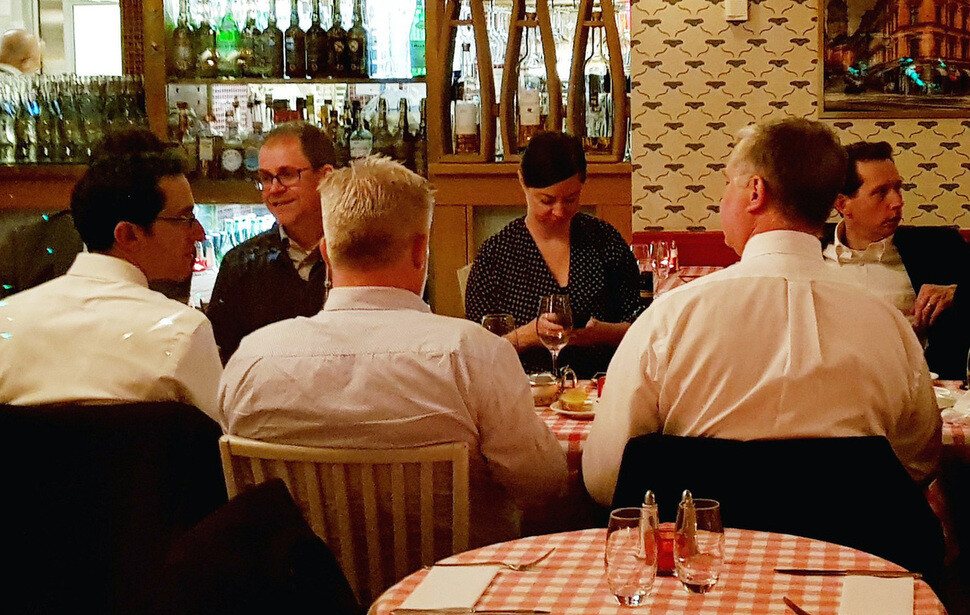 US Special Representative for North Korea Stephen Biegun (second from right) and the US delegation dine after the breakdown of its working-level talks with North Korea in Stockholm