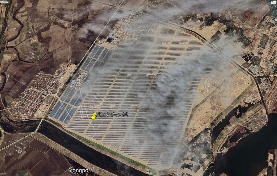 Satellite imagery of the Ryonpho Greenhouse Farm in January 2024. (Suh Jae-jung, still from Google Earth)