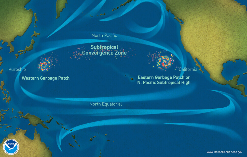 A diagram of the garbage patches in the Pacific Ocean (NOAA/Wikimedia Commons)