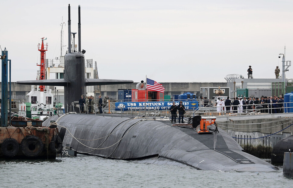 The USS Kentucky (SSBN-737), a nuclear-capable American submarine, sits in a naval port in Busan on July 19. (presidential office pool photo)