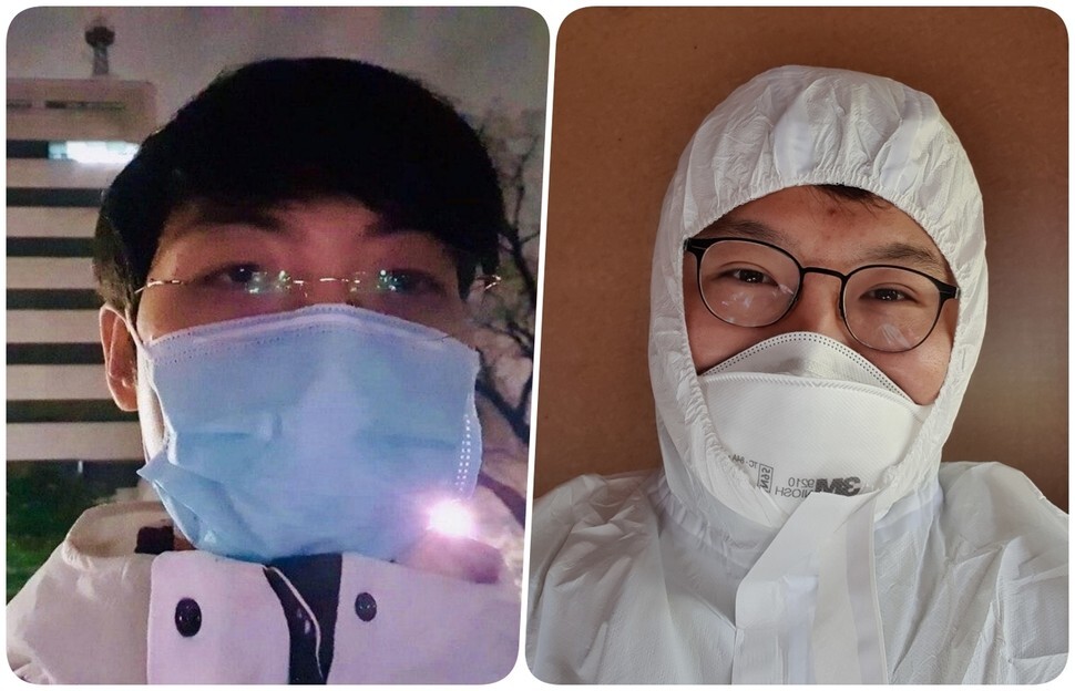 Public health doctors Kim Hyeong-gap (left) and Song Myeong-je snap selfies in Daegu, where they have volunteered to serve as emergency medical workers as the city struggles to fight the spread of the novel coronavirus. (provided by Kim and Song)