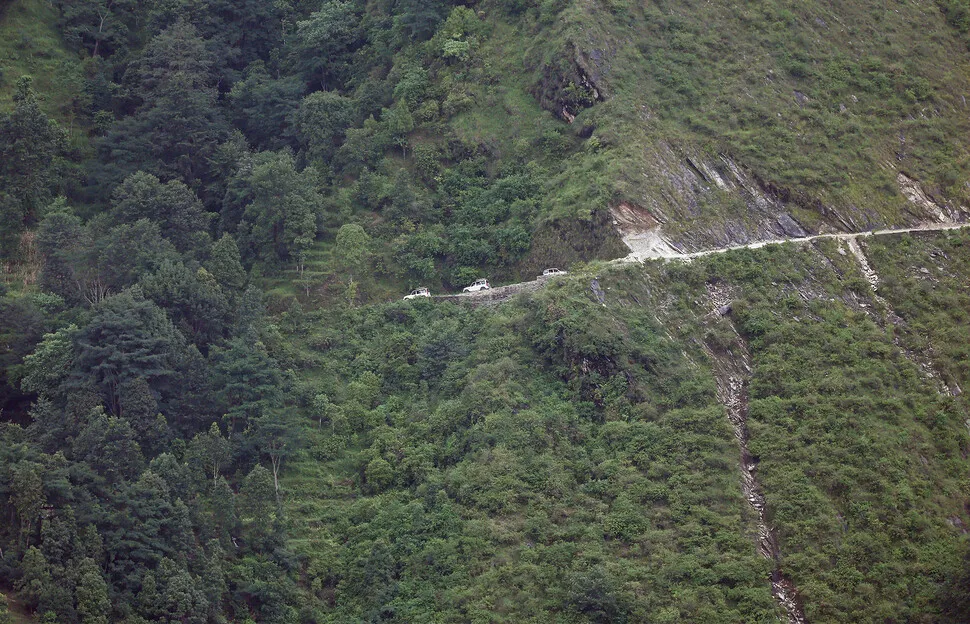 Ground search team moving by vehicle in Nuwakot, Nepal