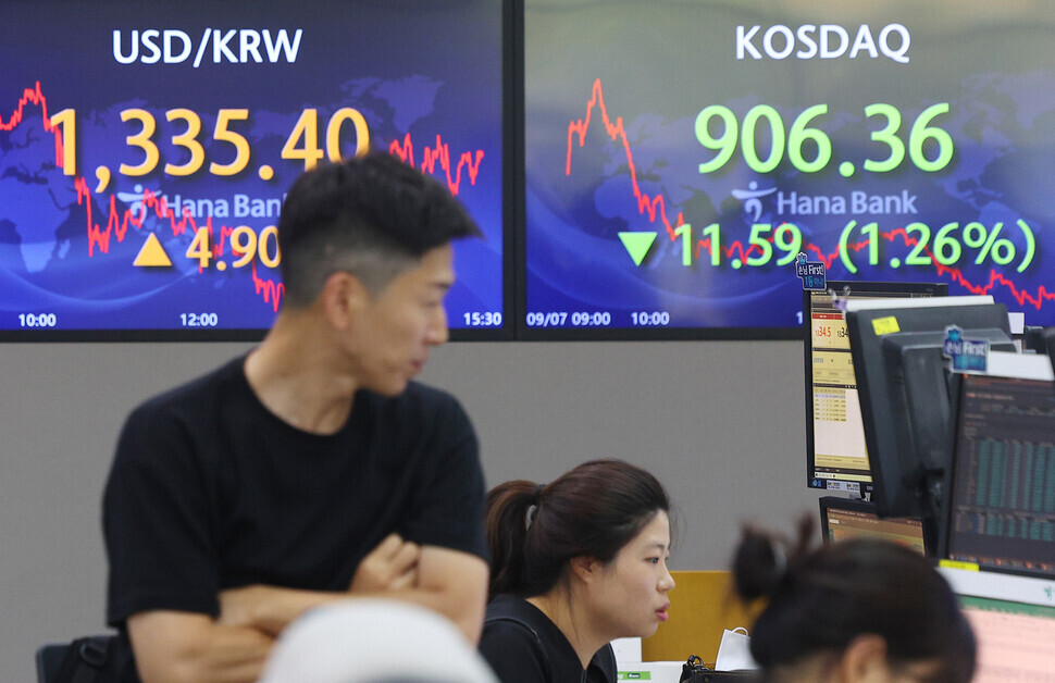 The won-to-dollar exchange rate and KOSDAQ figures are displayed on screens at the Hana Bank trading room in Seoul on Sept. 7. (Yonhap)