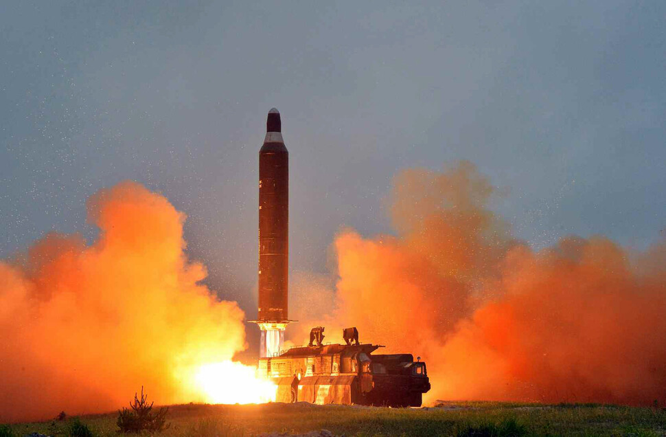 An image from the June 23 Rodong Sinmun newspaper of the launch of a Musudan missile. The newspaper reported that North Korean leader Kim Jong-un provided on-site instruction. (Yonhap News)