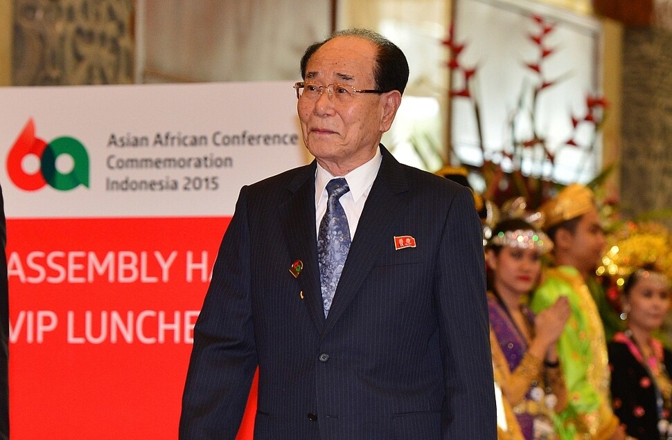A high-level North Korean delegation led by Supreme People’s Assembly Presidium Kim Yong-nam will visit South Korea from Feb. 9-11 and attend the opening ceremony of the Pyeongchang Olympics. Kim is shown attending the 60th anniversary of the Asia Africa Conference in Jakarta in April 2015.
