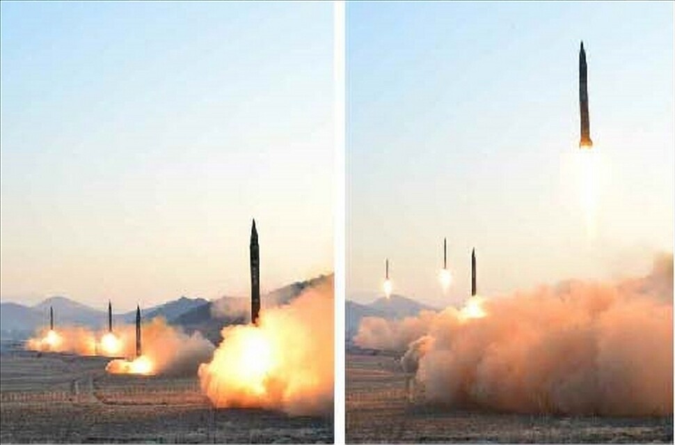 Photos from the Mar. 7 edition of the Rodong Simun newspaper of the Mar. 6 launch of four ballistic missiles from Tongchang Village