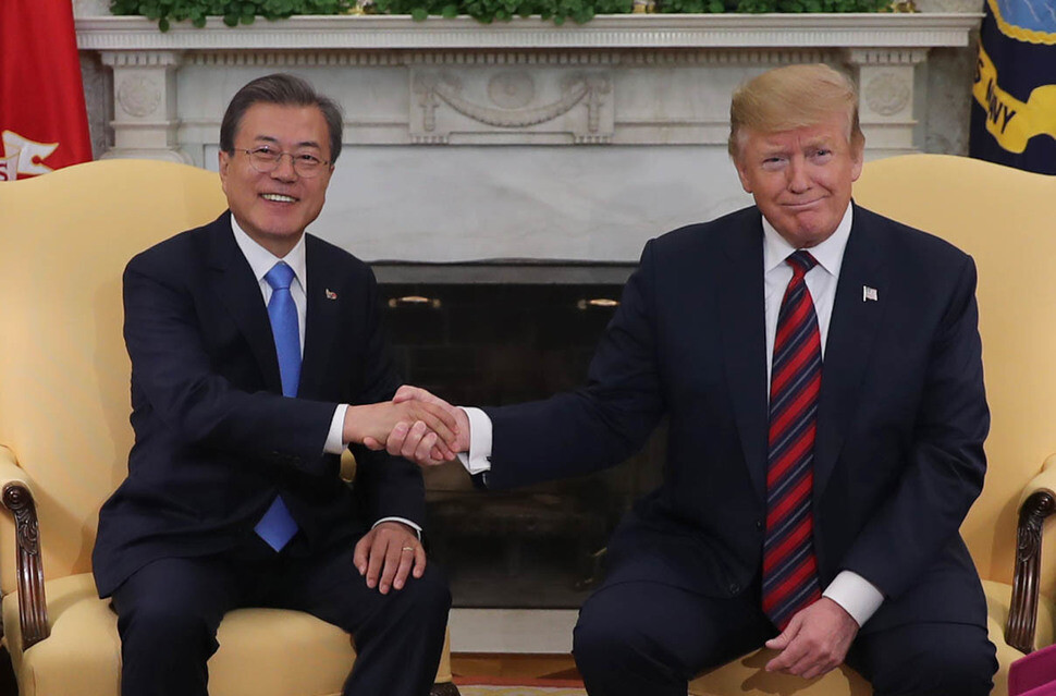 South Korean President Moon Jae-in and US President Donald Trump during their summit at the White House on Apr. 11. (Kim Jung-hyo
