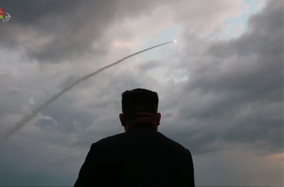 An image of North Korean leader Kim Jong-un overseeing the test launch of a missile on July 31