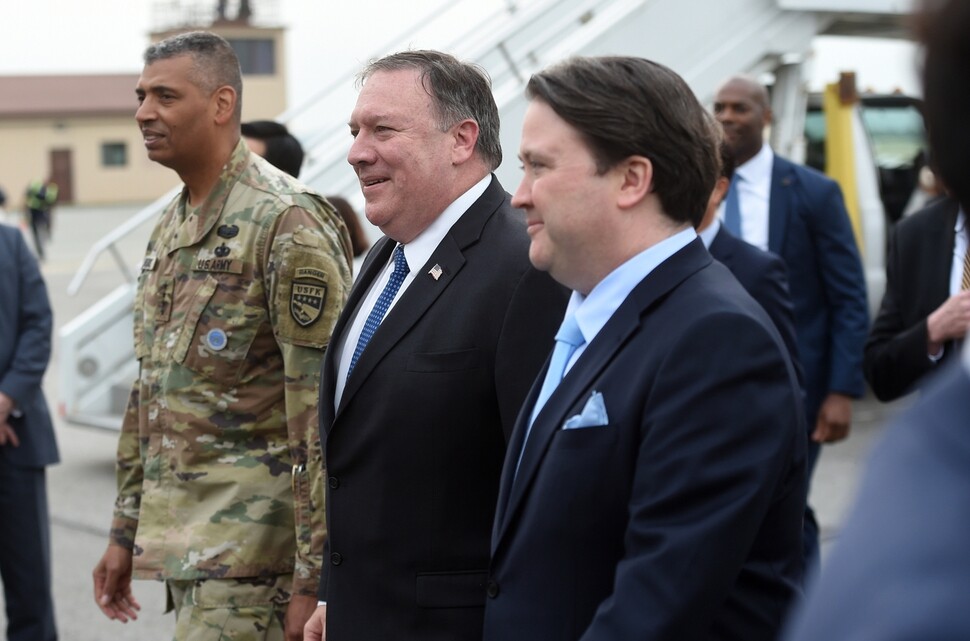 US Secretary of State Mike Pompeo (center) arrives at Osan Air Base of US Forces Korea (USFK)