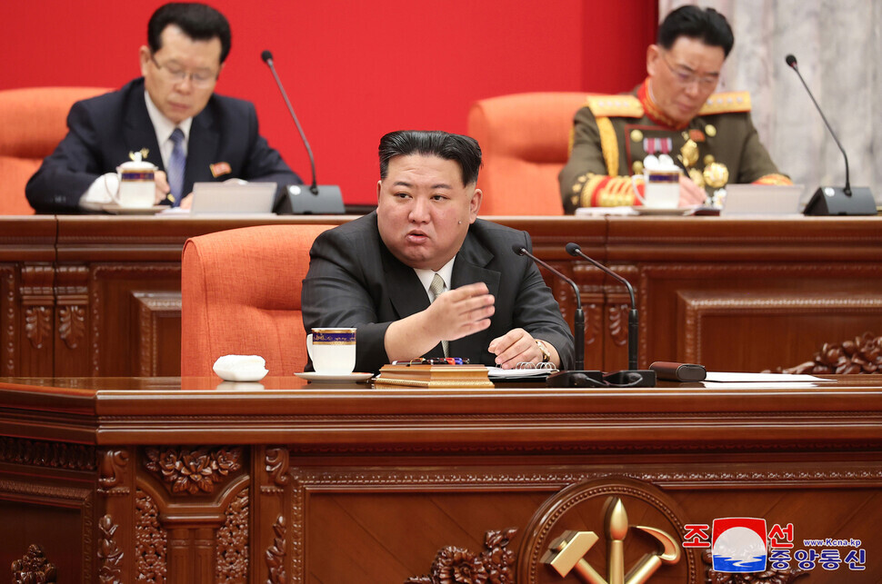 North Korean leader Kim Jong-un speaks at a gathering of his Workers’ Party of Korea in late December 2023. (KCNA/Yonhap)