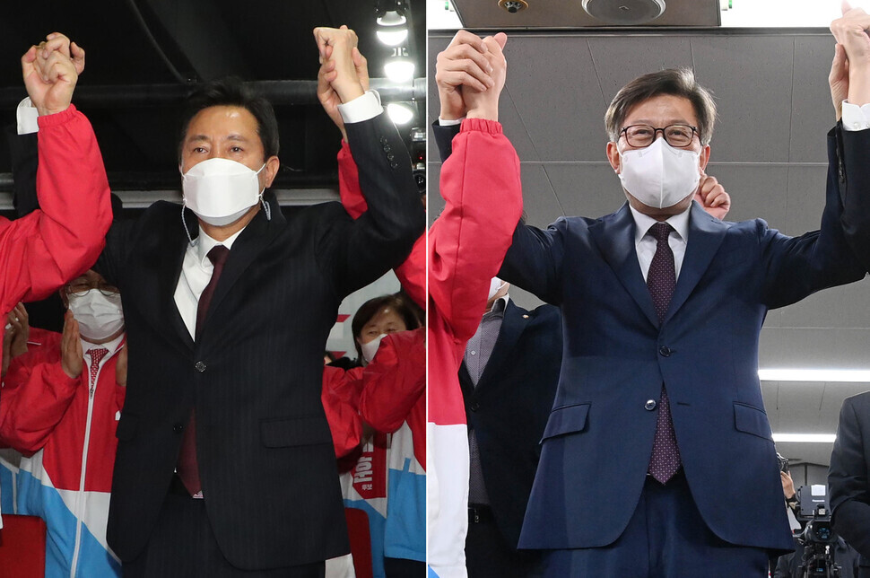 Seoul mayoral candidate Oh Se-hoon and Busan mayoral candidate Park Hyung-jun defeated their respective Democratic Party opponents Park Young-sun and Kim Young-choon in the by-elections Wednesday. (Yonhap News)