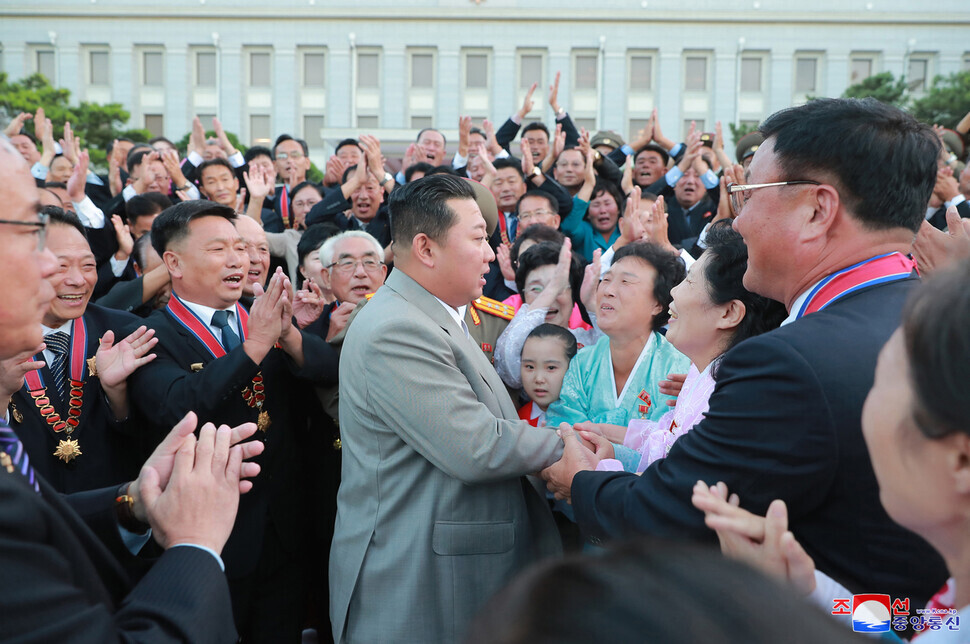 Rodong Sinmun also reported that Kim had “met and warmly congratulated the labor innovators and merited persons who participated in the celebrations of the 73rd founding anniversary of the DPRK at the office building of the Party Central Committee on September 8.” (KCNA/Yonhap News)