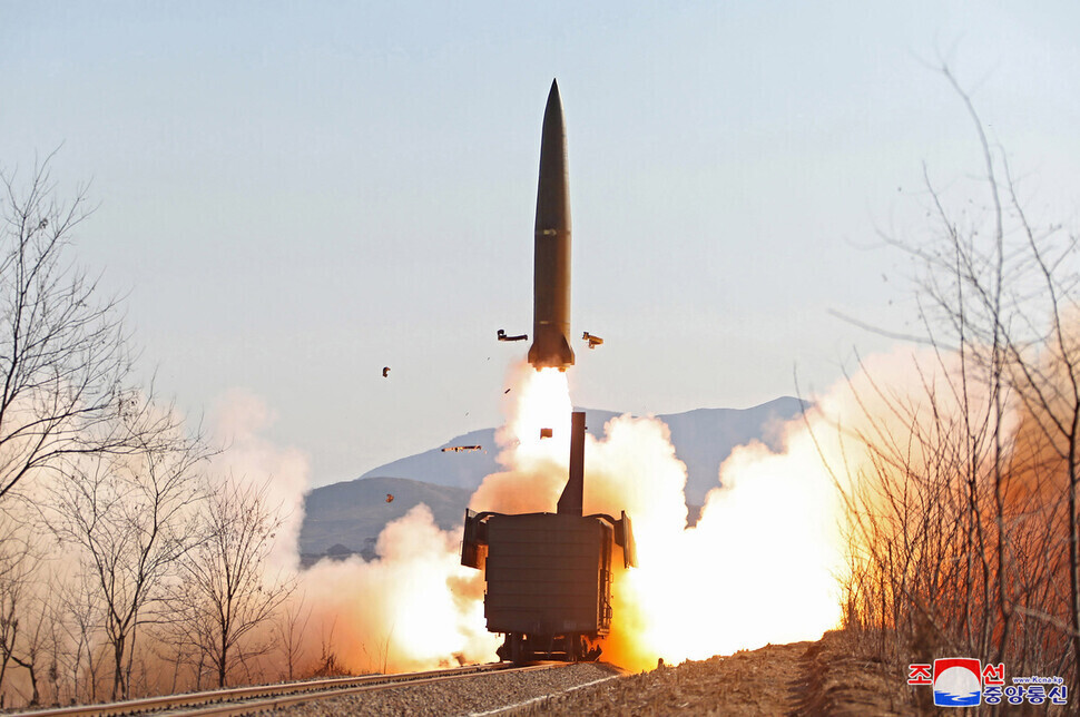 Korea Central News Agency reported on Saturday that North Korea’s missile test Friday had taken place via railway launch, shown here. (Yonhap News)