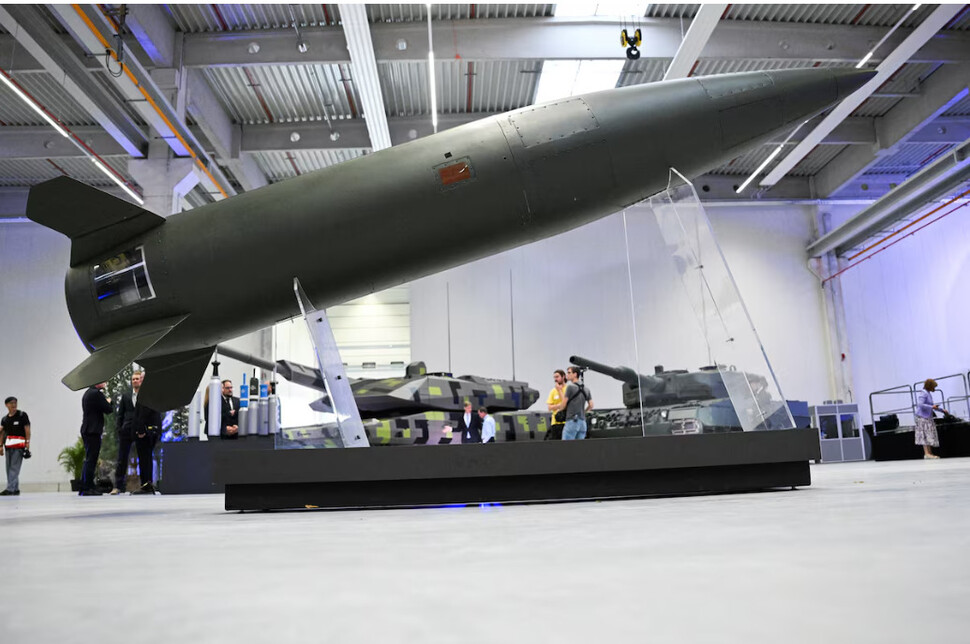 The US Army Tactical Missile System (ATACMS) is displayed at an event marking the opening of defense contractor Rheinmetall’s new artillery plant in Unterlüß, Germany, on August 7, 2025. Reuters-Yonhap