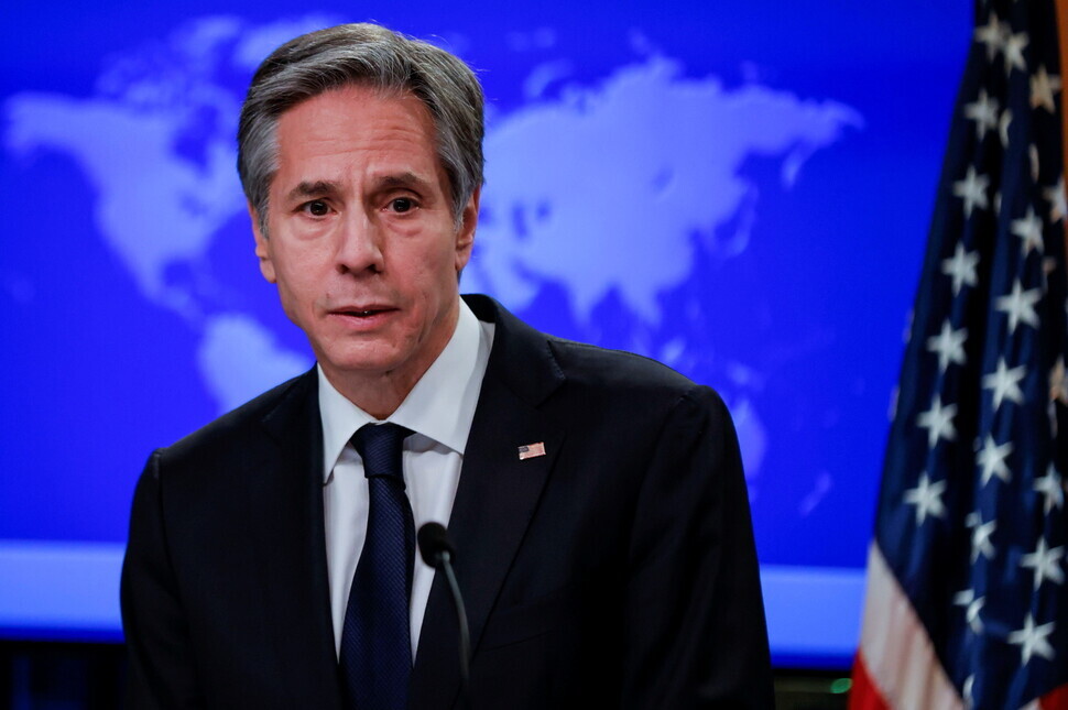 US Secretary of State Antony Blinken holds his first press conference at the US Department of State in Washington on Jan 27. (Reuters/Yonhap News)