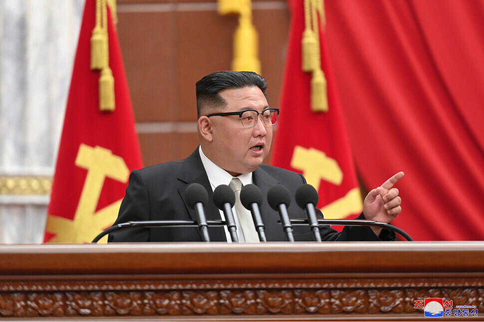 North Korean leader Kim Jong-un speaks at the 6th expanded plenary session of the 8th Central Committee of the Workers’ Party of Korea in late December 2022, in this photo released by state media. (KCNA/Yonhap)