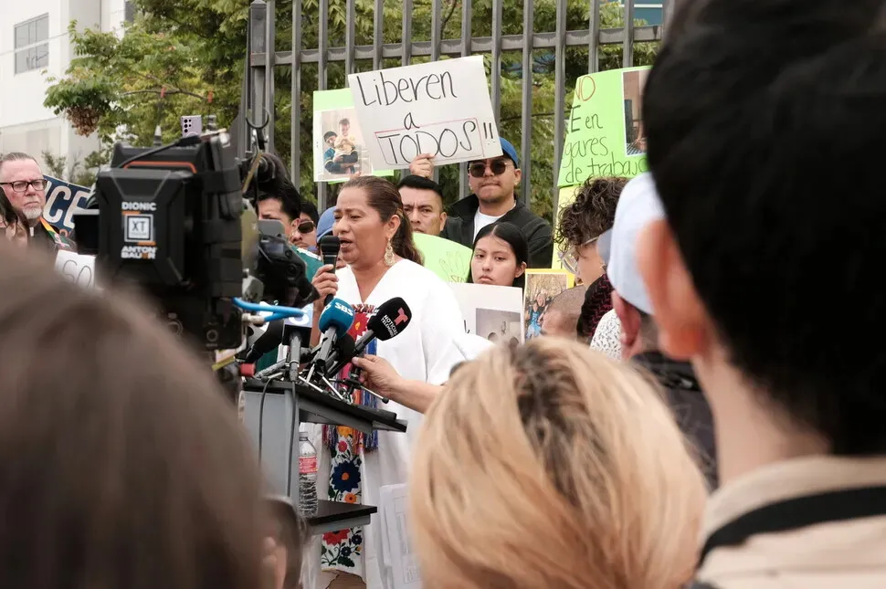 The group Lucha Zapoteca holds a press conference following the abduction of numerous Zapoteca workers at a clothing warehouse in Los Angeles, California, on June 6, 2025. (courtesy of Lucha Zapotecha)