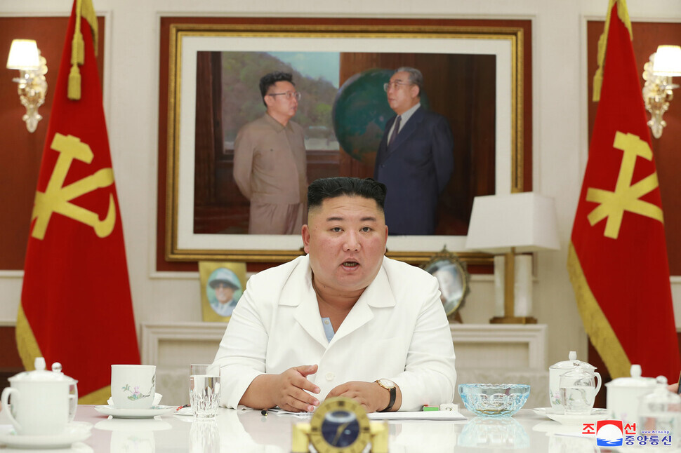 North Korean leader Kim Jong-un presides over a meeting of the Executive Policy Council of the 7th Central Committee of the Workers’ Party of Korea on Aug. 5. (KCNA/Yonhap News)