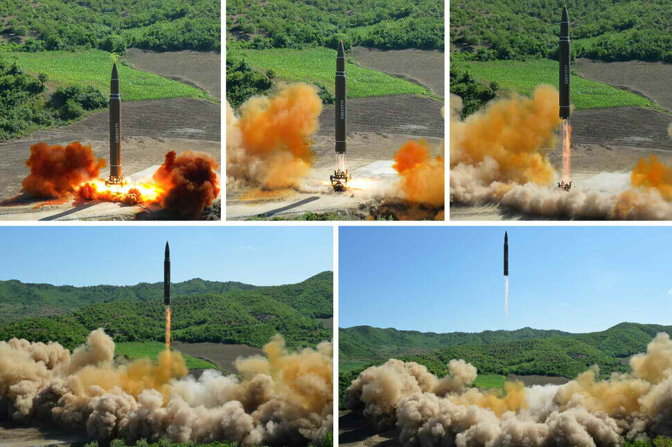 North Korea test launches its Hwasong-14 ICBM on July 4, 2017. (Yonhap News)